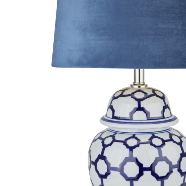 Acanthus Blue And White Ceramic Lamp With Blue Velvet Shade - Image 2